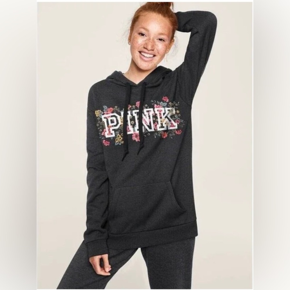 Vs Victorias Secret Pink  Pullover Hoodie Sweater Top Floral Classic Logo L